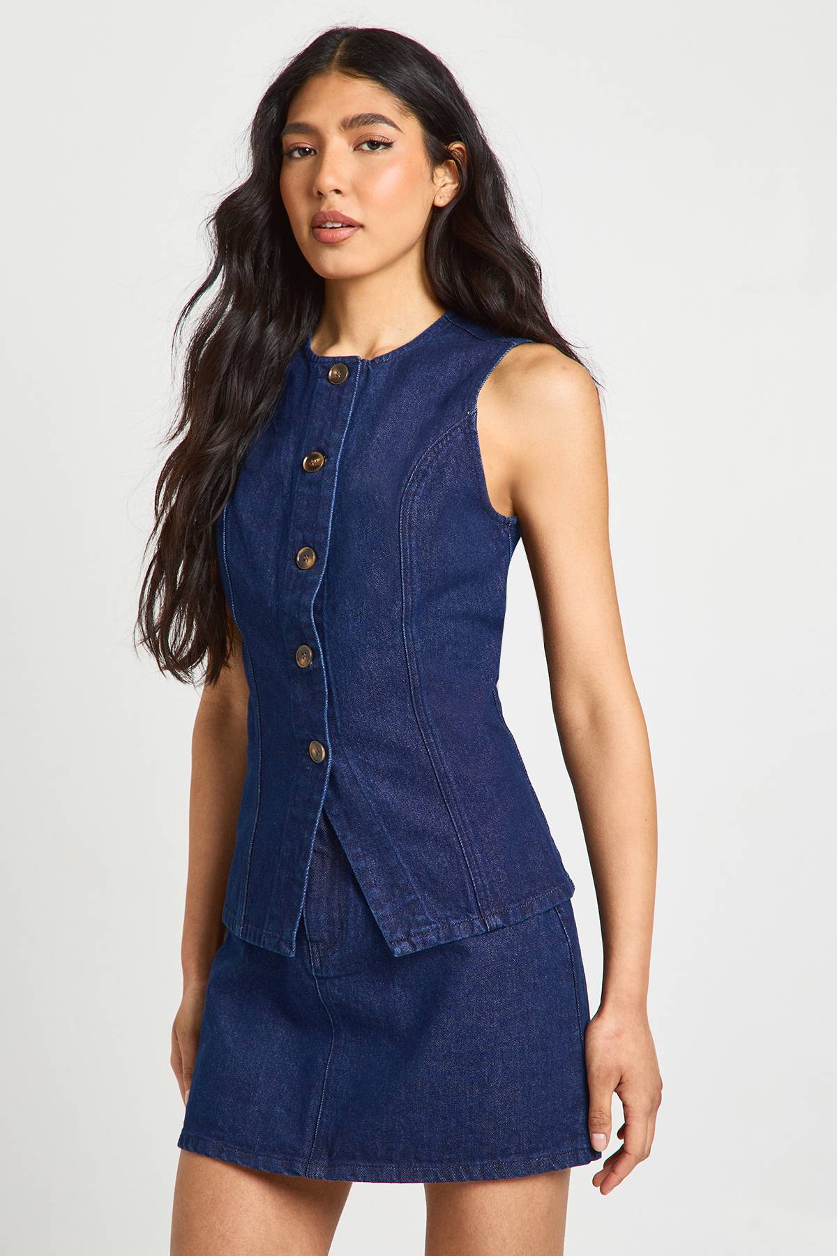 boohoo Gilet En Jean Long À Boutons