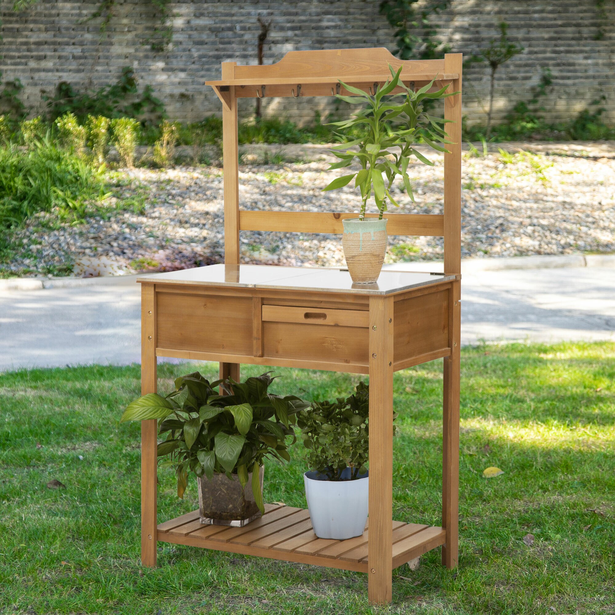 Outsunny Pflanztisch mit verzinkter Arbeitsplatte und Ablage natur 80L x 42B x 142H cm