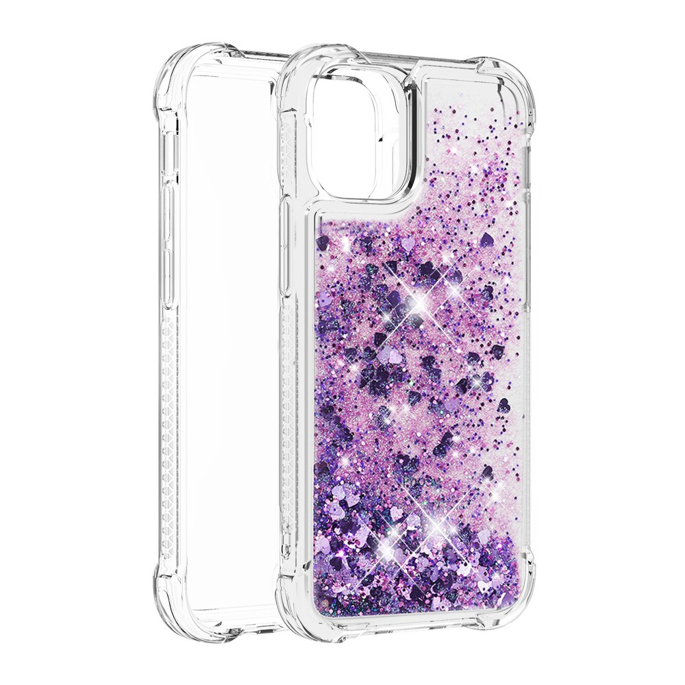iPhone 13 Hardcase Hülle mit Air Cushion Fallschutz Liquid Case Glitzer Herzen - Lila / Transparent