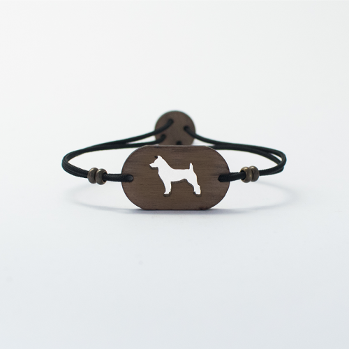 Pulseira de madeira personalizável com Jack Russell, preta.