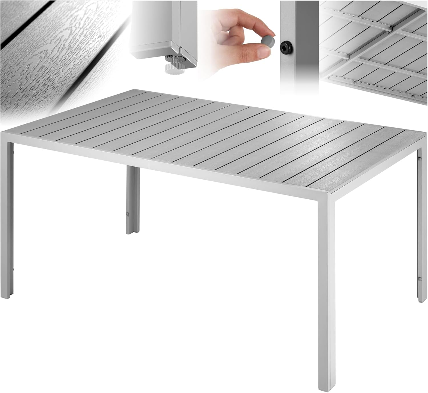 tectake® Gartentisch, Outdoor Esstisch, Balkontisch in Holz Optik, Terrassentisch mit Aluminiumrahmen, Gartenmöbel wetterfest, 150 x 90 x 74,5 cm, Tisch für Garten, Lounge, Sitzgruppe - Silber/grau
