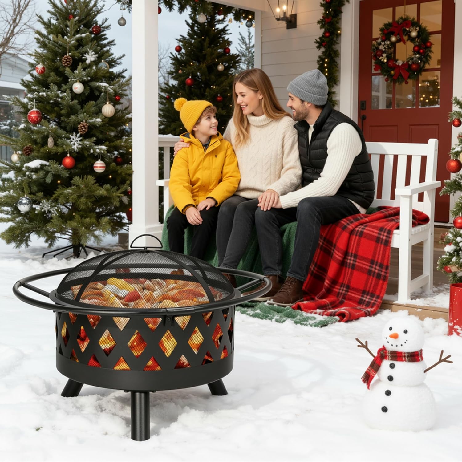 TLSUNNY Feuerschale, Ø 80cm Feuerkorb mit Funkenschutz und Schürhaken, Feuerschalen für den Garten Groß, Feuerstelle mit Grill, BBQ Feuerstelle Outdoor, Retro-Look Fire Pit, Zum Grillen und Heizen