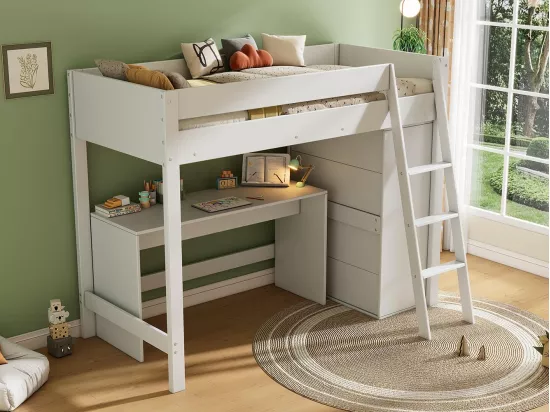 Lit mezzanine 90x200cm en bois - avec bureau et armoire modulable - Blanc