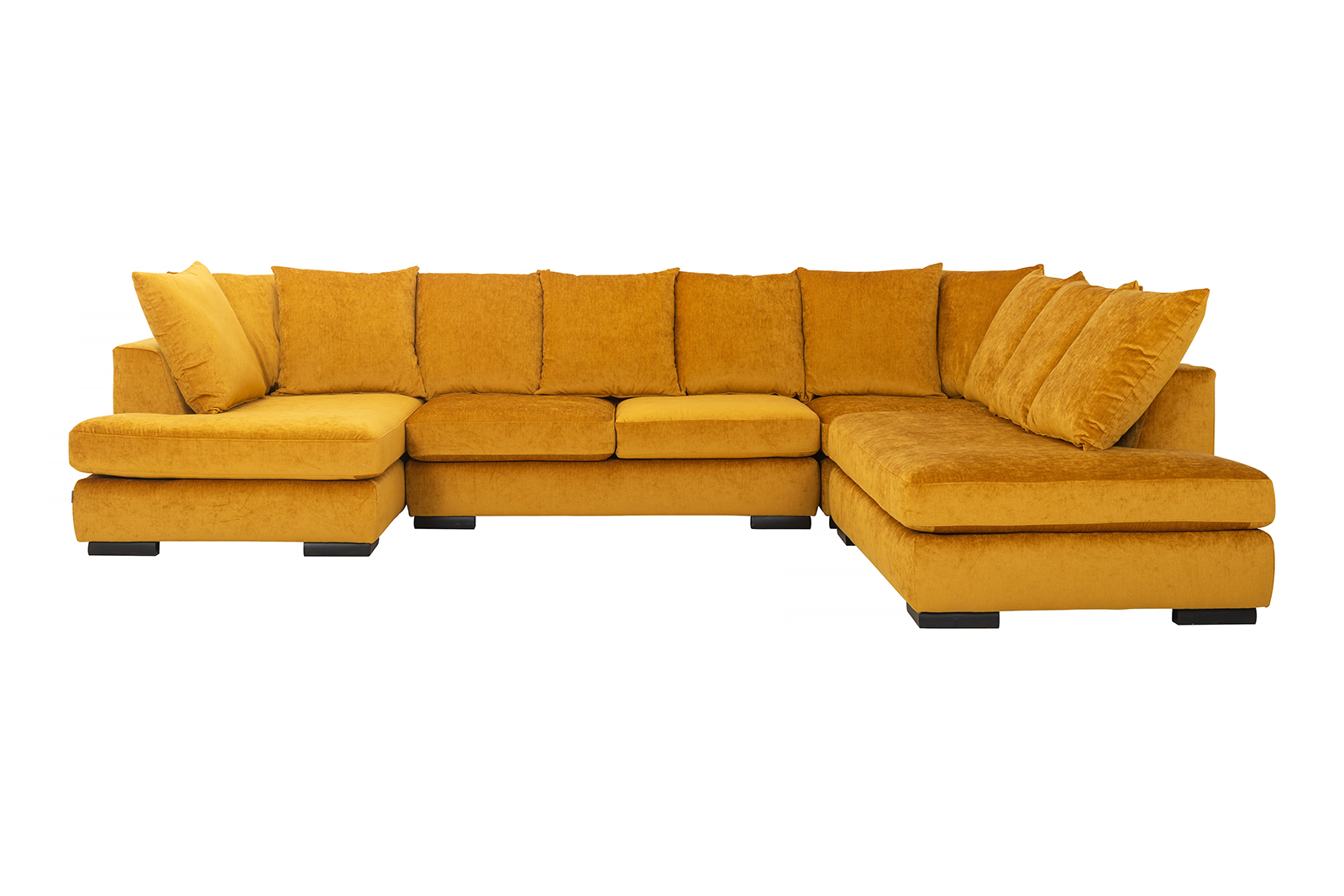 Paso doble hjørnesofa Helkledde moduler. Divan venstre, 2-seter, hjørne og åpen ende høyre. I tekstil Eros Mustard 1070-17 og sorte treben. EU komfort. Oppsett 1