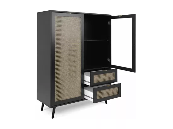 Vaisselier 2 Portes 2 Tiroirs Impression Cannage et Noir L101,4 x H139 cm - VILLA