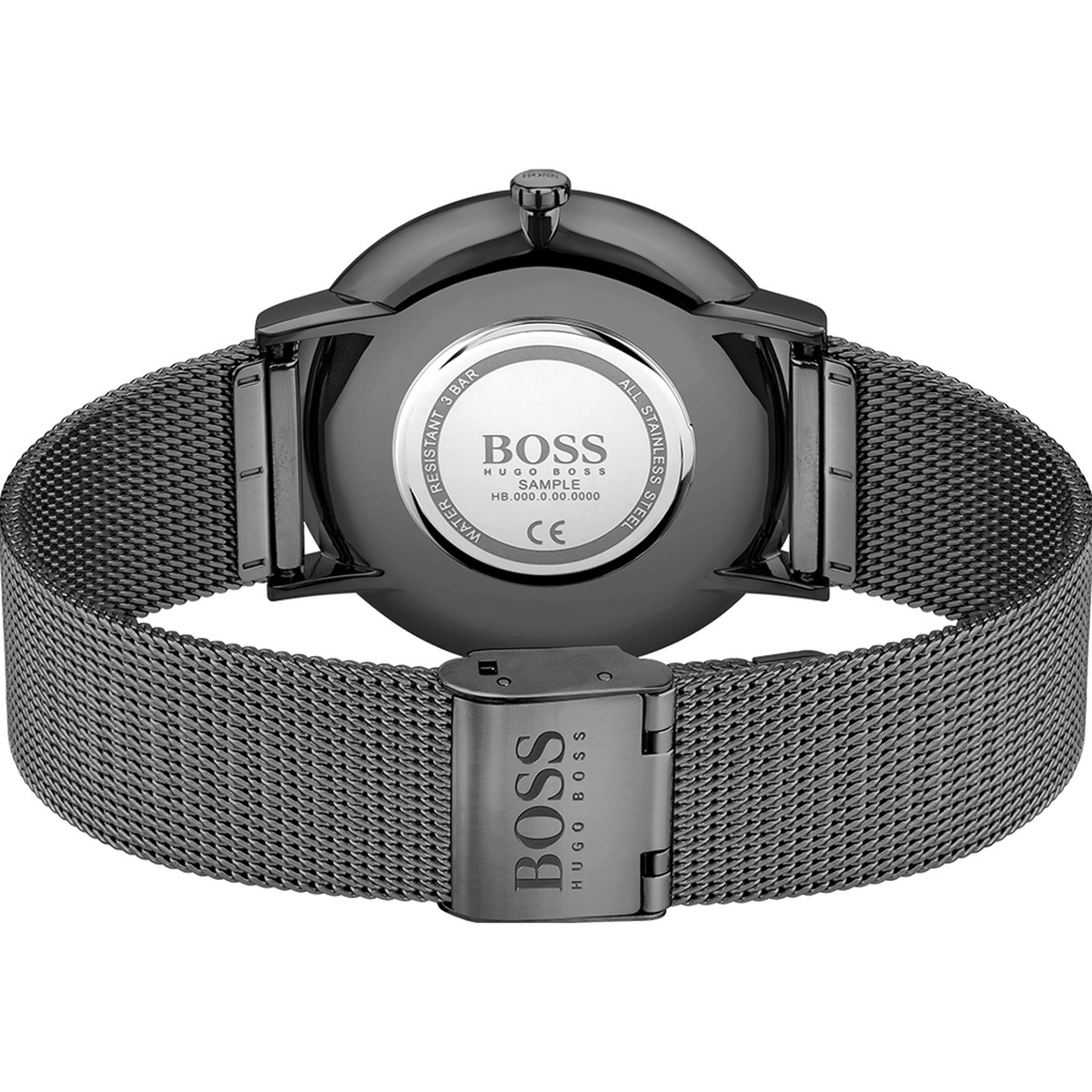 Montre boss homme acier noir bracelet acier noir maille milanaise
