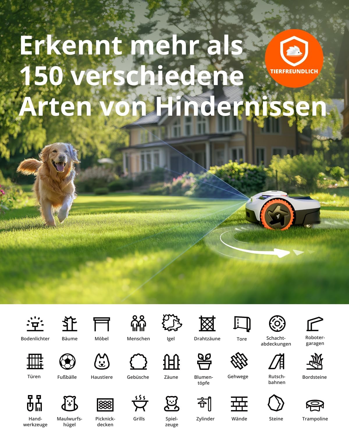 Navimow i105E+Garage, Mähroboter ohne Begrenzungskabel, Empf. 500 m², Max. 600 m², RTK+Vision Rasenmäher Roboter Testsieger, Igelschutz Rasenroboter, KI Auto Kartierung