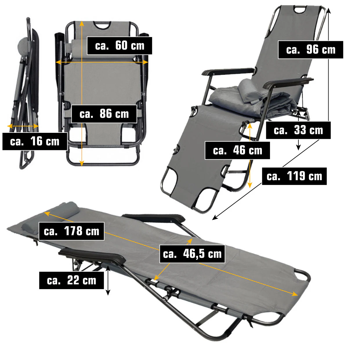 Liegestuhl 178 cm Campingliege Gartenliege Sonnenliege Liege Strandliege Stuhl