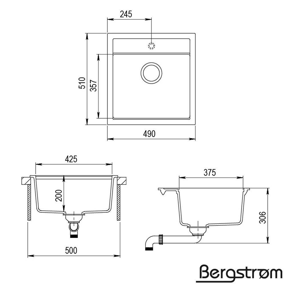 Bergström Granit Spüle Küchenspüle Einbauspüle Spülbecken 490x500mm Beige