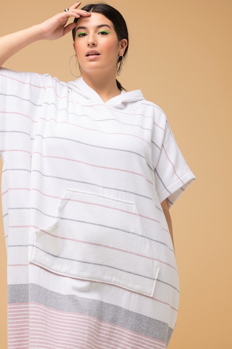 Badeponcho, Boxy Shape, Kapuze, Fransen, Streifen