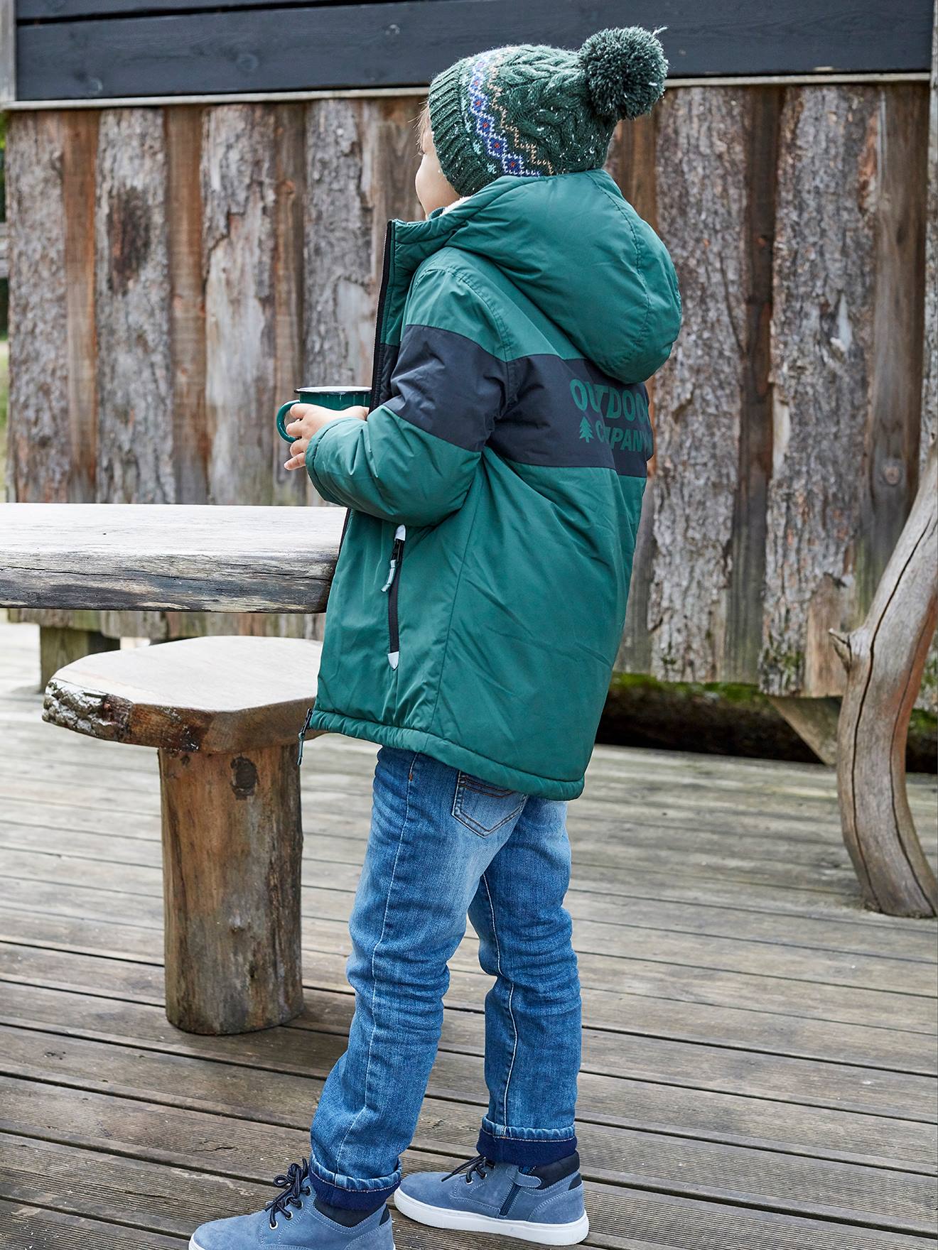 Parka comprida com capuz, colorblock, verde médio, lisa com motivos, para meninos.