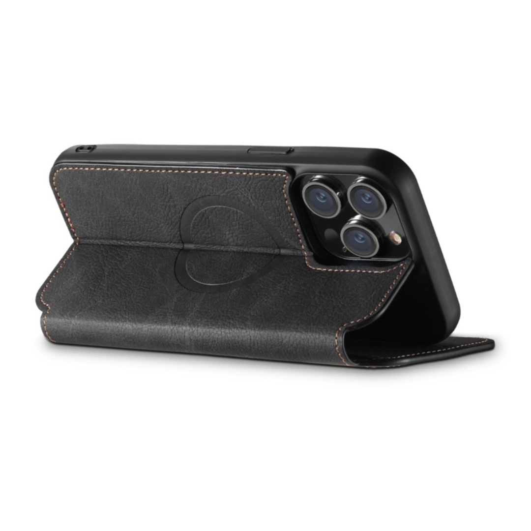 iPhone 13 Pro MagSafe Leder Tasche Flip Wallet Cover mit Kartenfächer - Schwarz