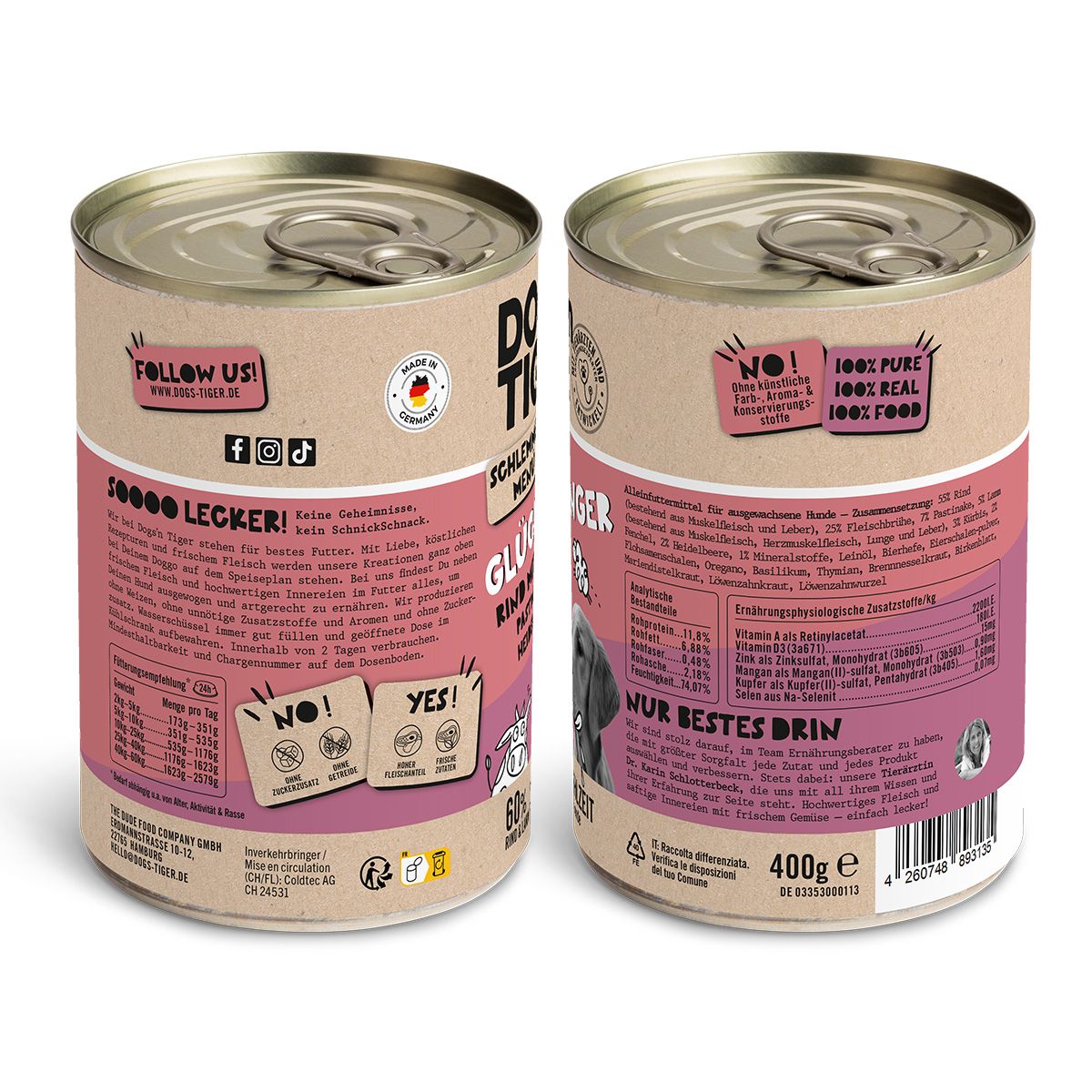 Dogs’n Tiger Adult Hundefutter, Glücksbringer, Nassfutter, Getreidefrei, Rind & Lamm