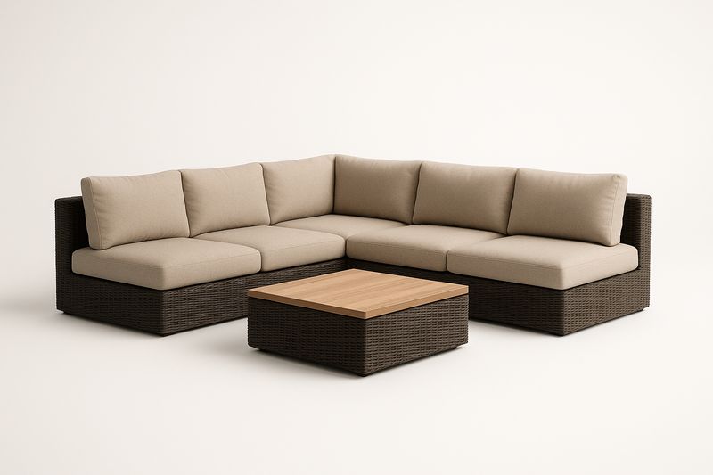 Ecksofa-Set aus Polyrattan mit Beistelltisch, Creme, L360xB180xH70 cm