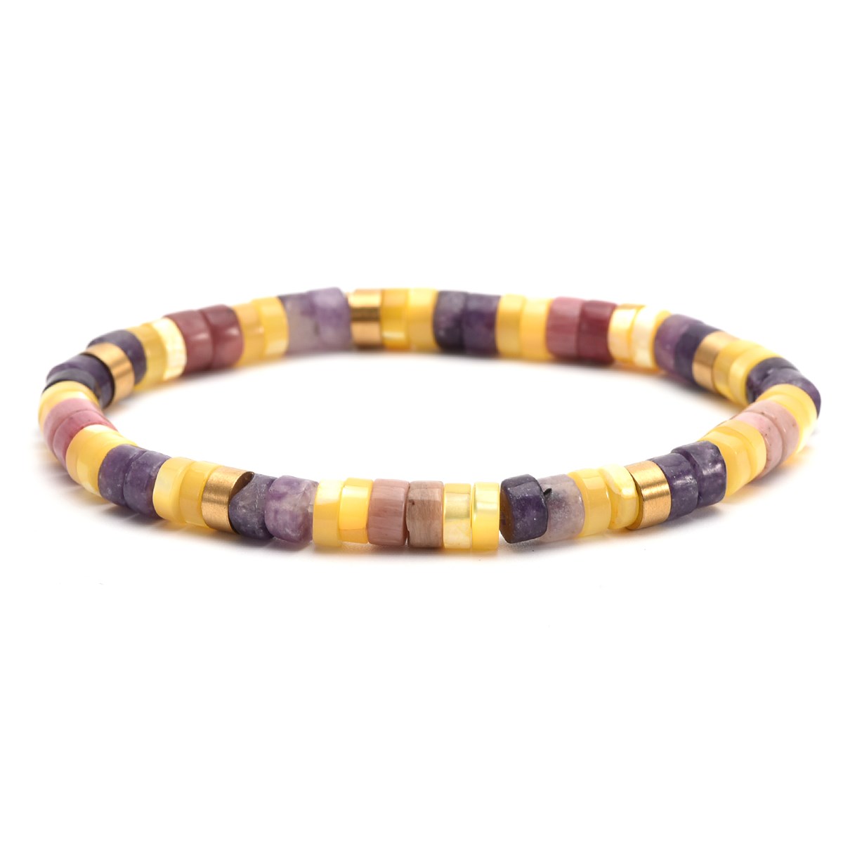 Bracelet Perles Heishi  Jaspe Jaune Améthyste-20 cm