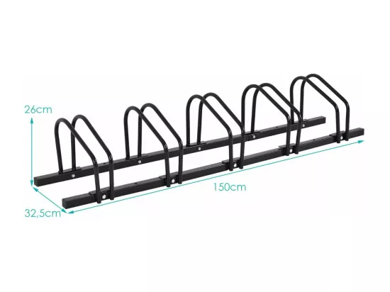 Râtelier 5 Vélos en Acier Fixation, Rangement Vélo au Sol ou Mur 150x32.5x26CM Résistant aux Intempéries Antirouille Ecole Commerce Noir