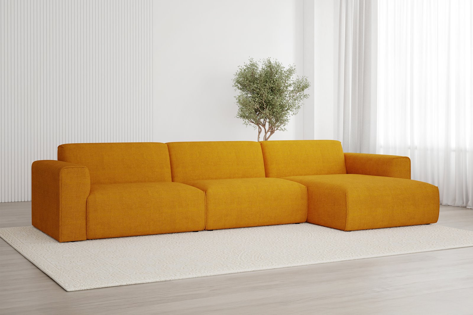 Monaco Lux 3-seter med XL sjeselong høyre Tekstil Fjord 9 Amber med sorte ben. Lux komfort.
