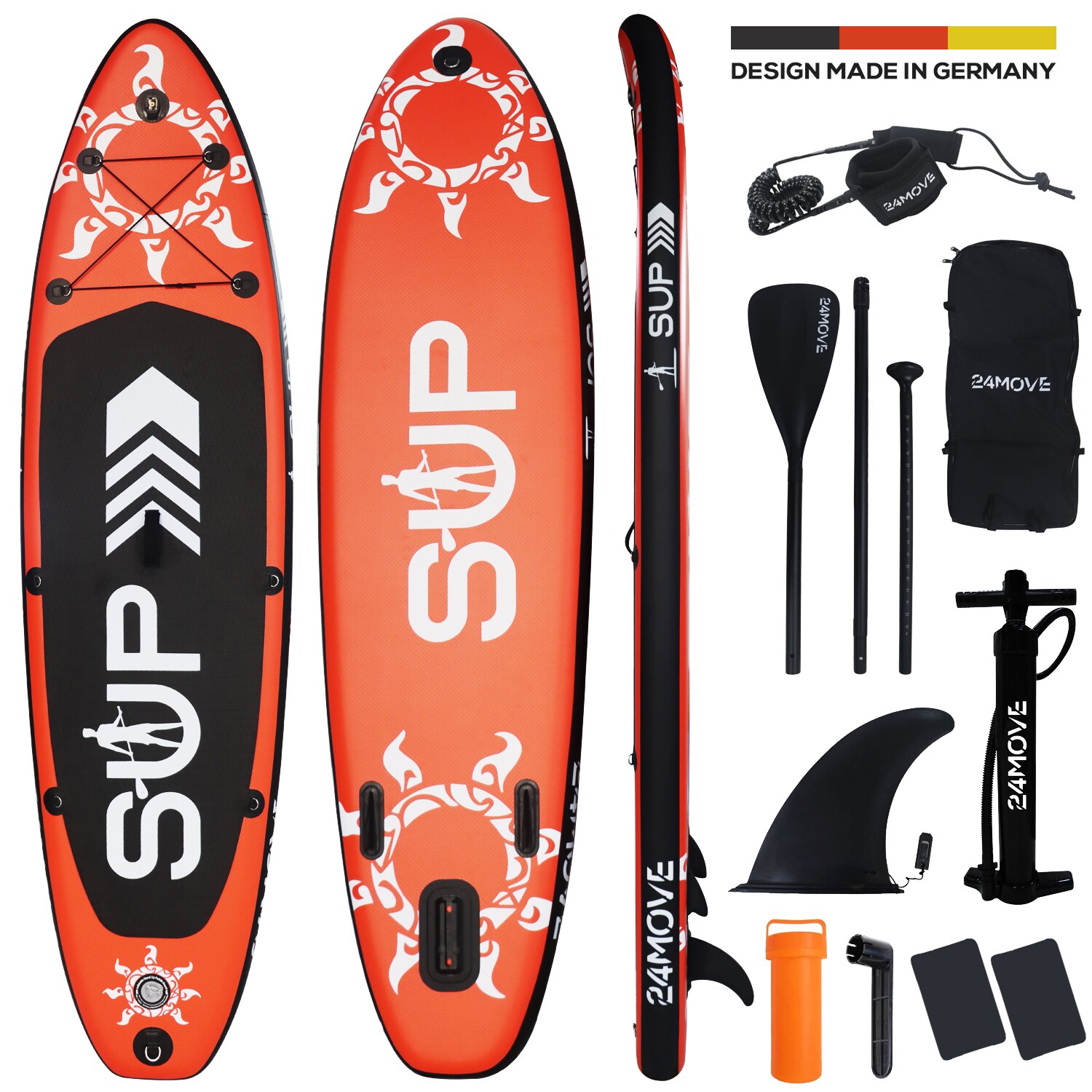 24MOVE® Standup Paddle Board SUP, inkl. umfangreichem Zubehör, Paddel und Hochdruckpumpe, ROT, 305x76x15cm