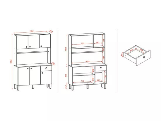 Buffet de Cuisine 6 Portes 1 Tiroir Chêne et Blanc 7 Niches L 111 H 185 P 39.3 cm