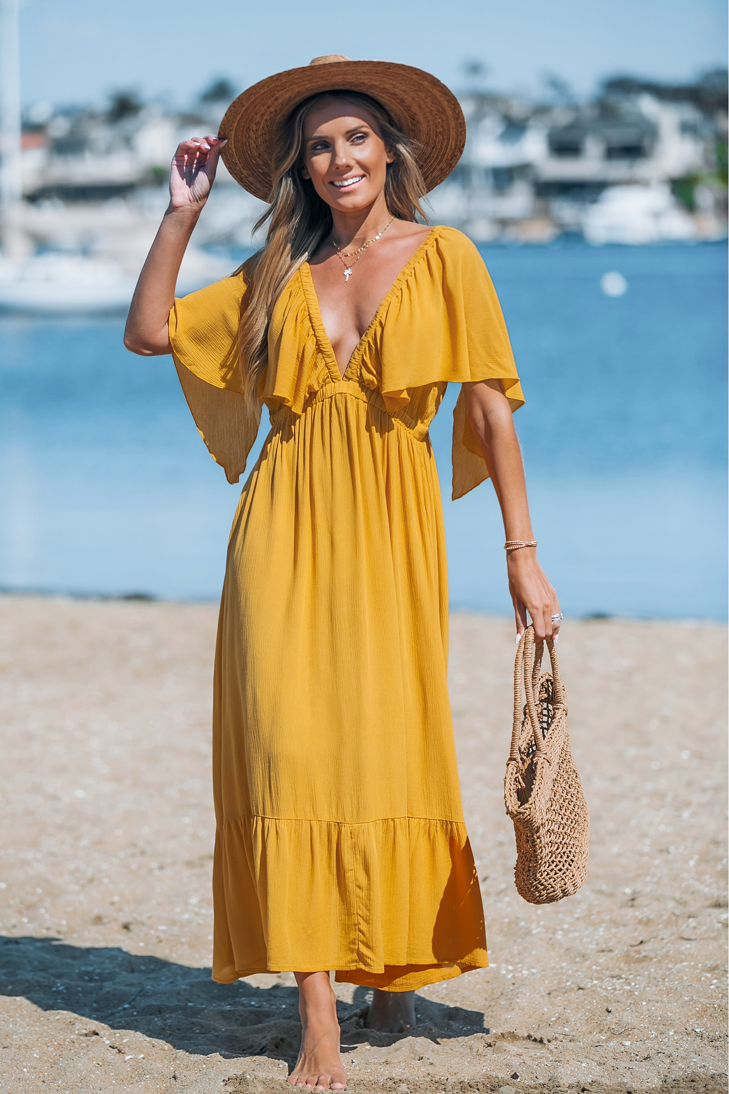 Robe midi avec manches papillon et col plongeant jaune