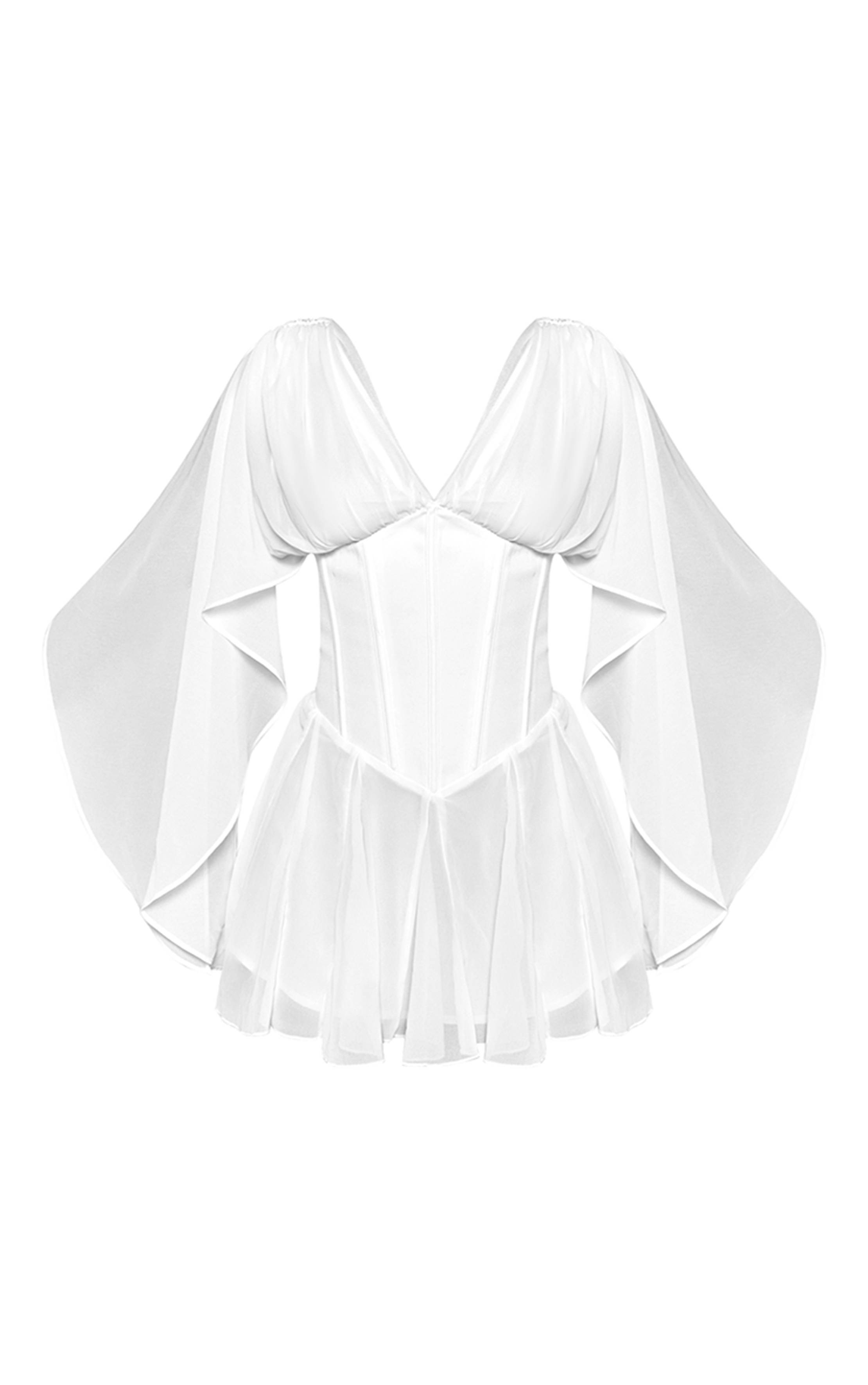 Blanc Robe Mini Petite Taille À Taille Corset En Mousseline Avec Manches Drapées Et Jupe Godet