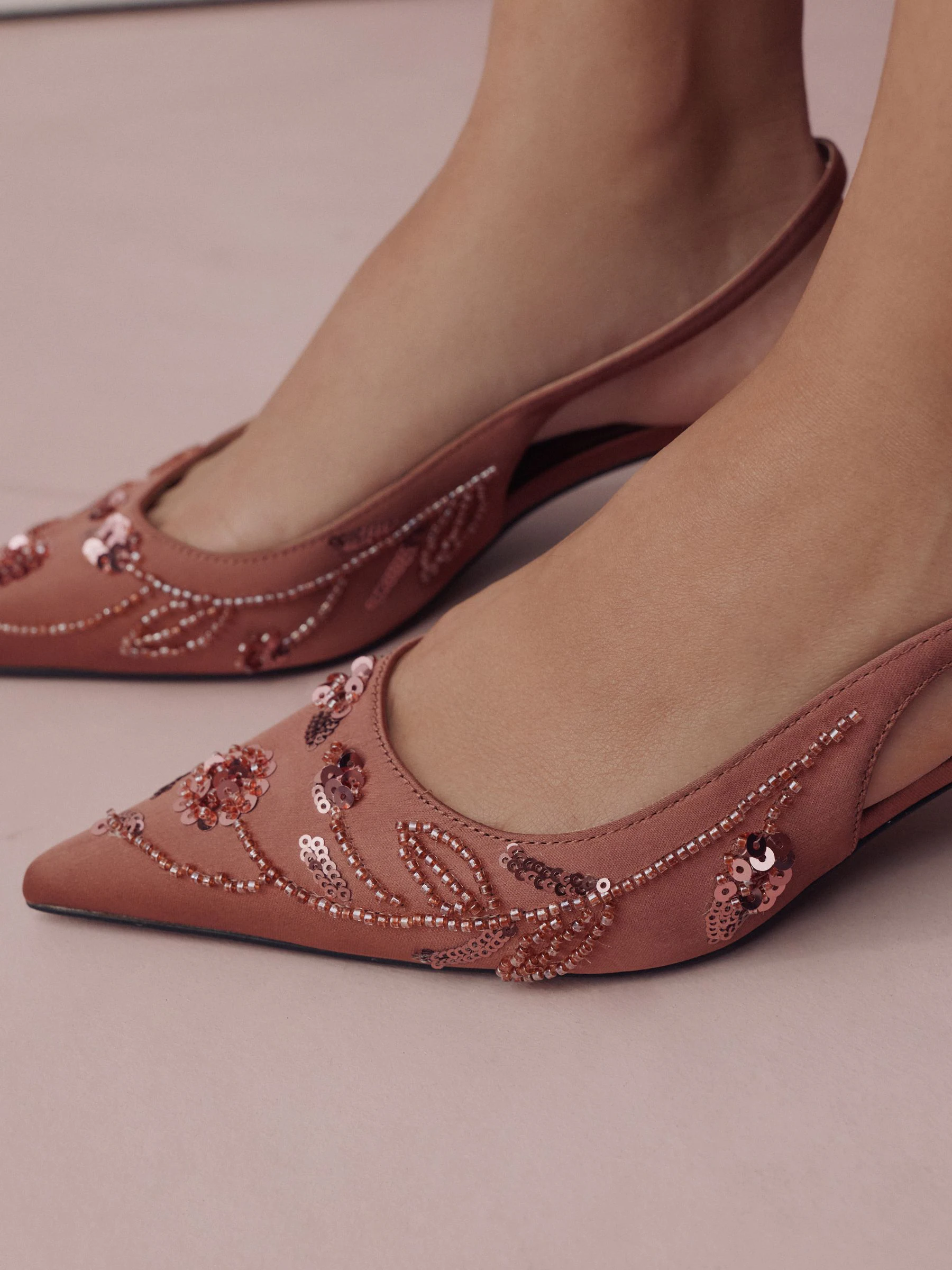 Roze - Forever Comfort Satin Beaded Slingback Kitten Heels