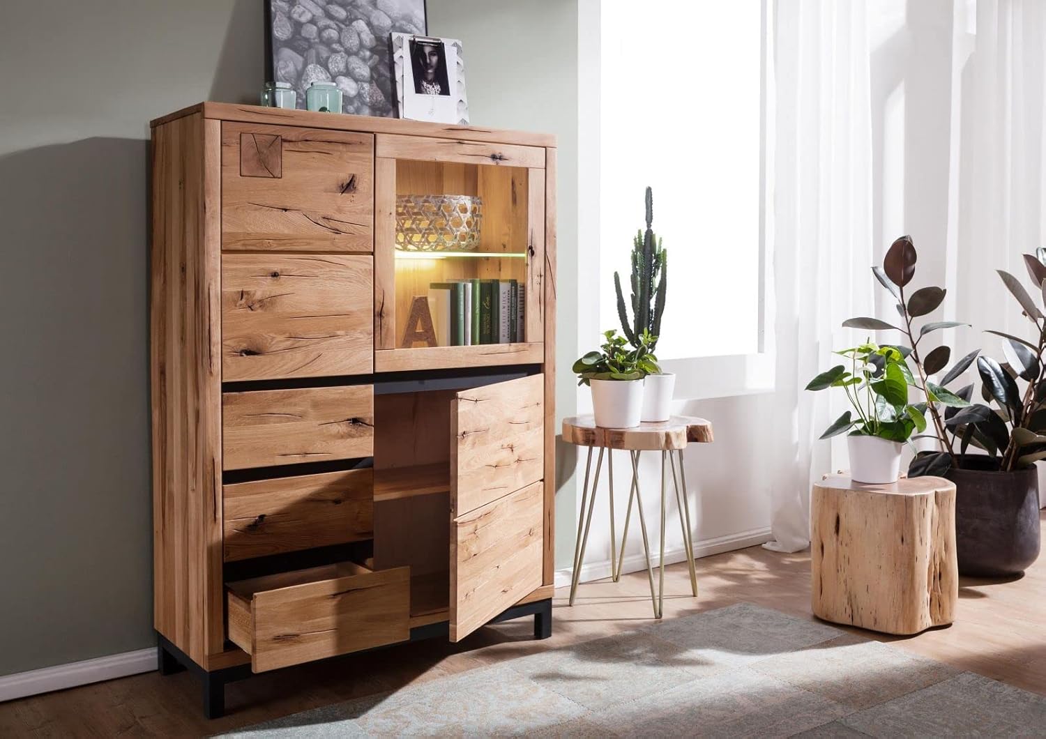 MASSIVMOEBEL24.DE VILLANDERS Highboard 103x40x148 Wildeiche geölt, Farbe:Natur geölt, Größe:103x40x148 cm (BxTxH)