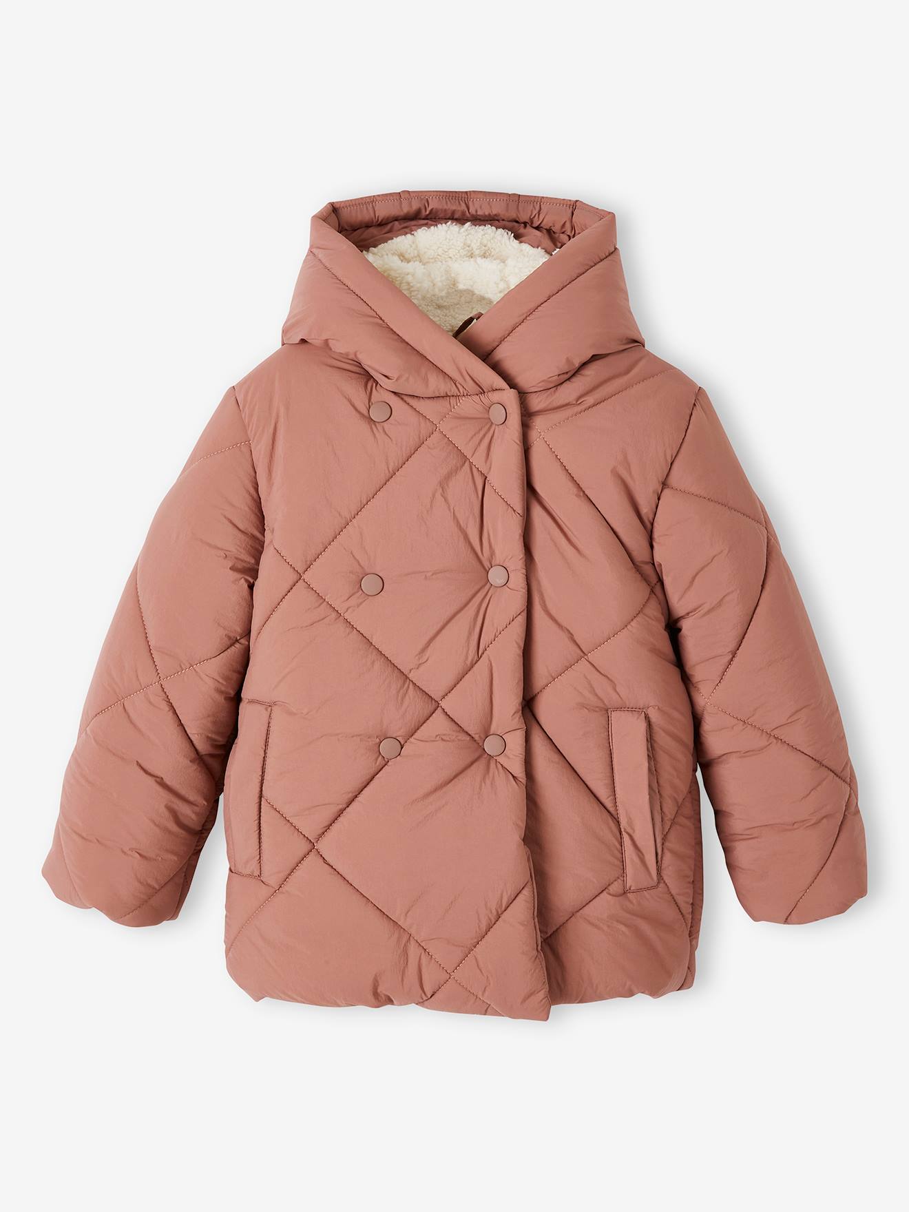Jaqueta rosa acolchoada com capuz e forro de sherpa para meninas