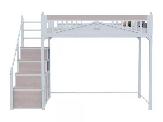 Lit mezzanine en métal 90x200 avec clôture sécurité à boule design fenêtre échelle de grimpe avec casiers bois interchangeable gauche droite gain de place