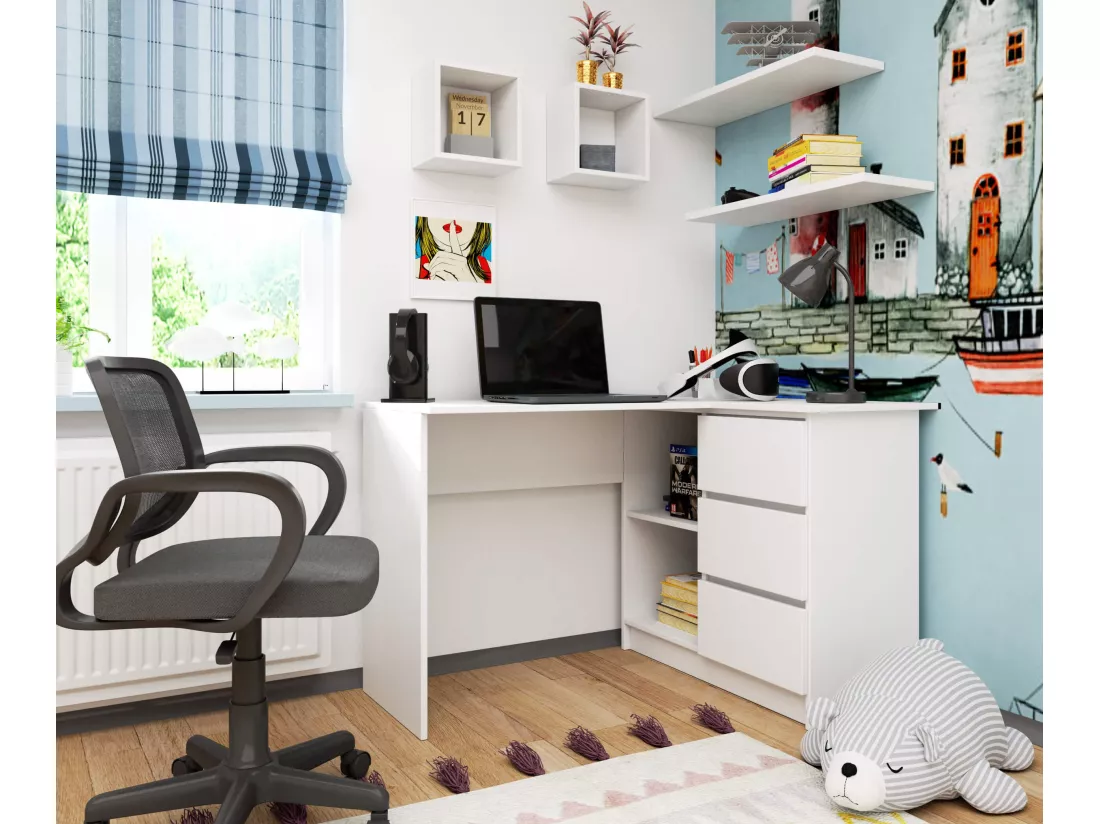 Bureau AKORD d'angle droit B16 Blanc 124 cm 3 tiroirs façade Blanche 2 étagères 124x85x77 cm