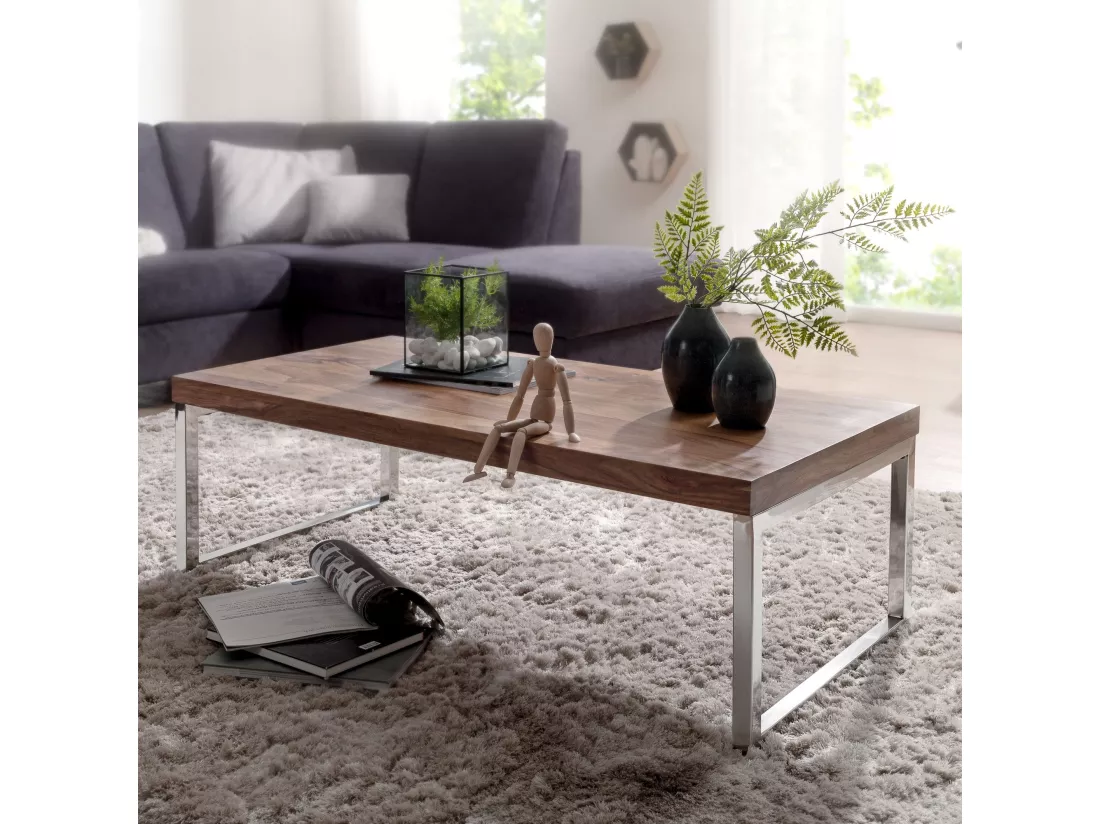 Table Basse Bois Massif Métal 120x40x60cm Table d'appoint Table de salon