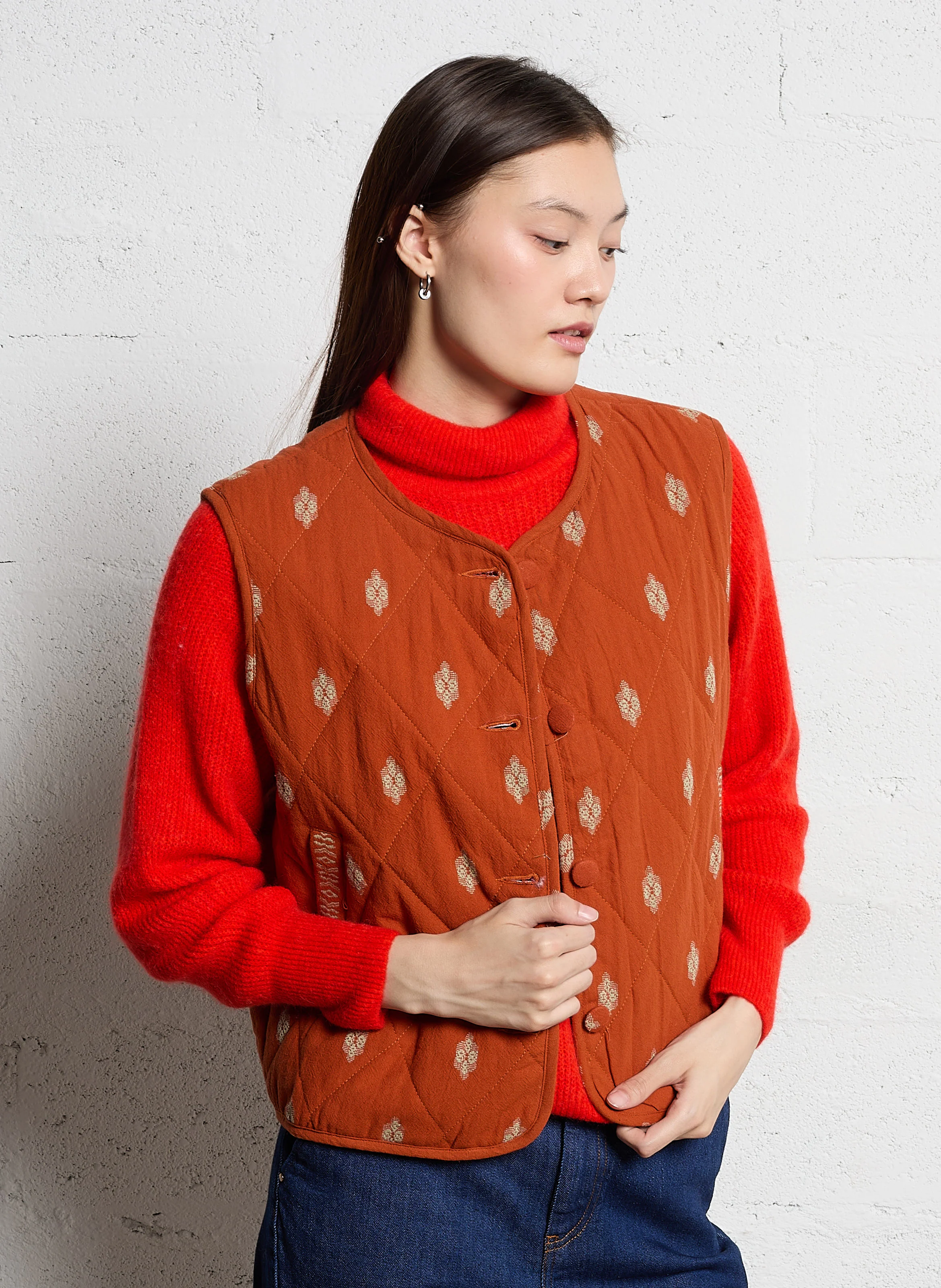 Gilet col rond en coton | Orange