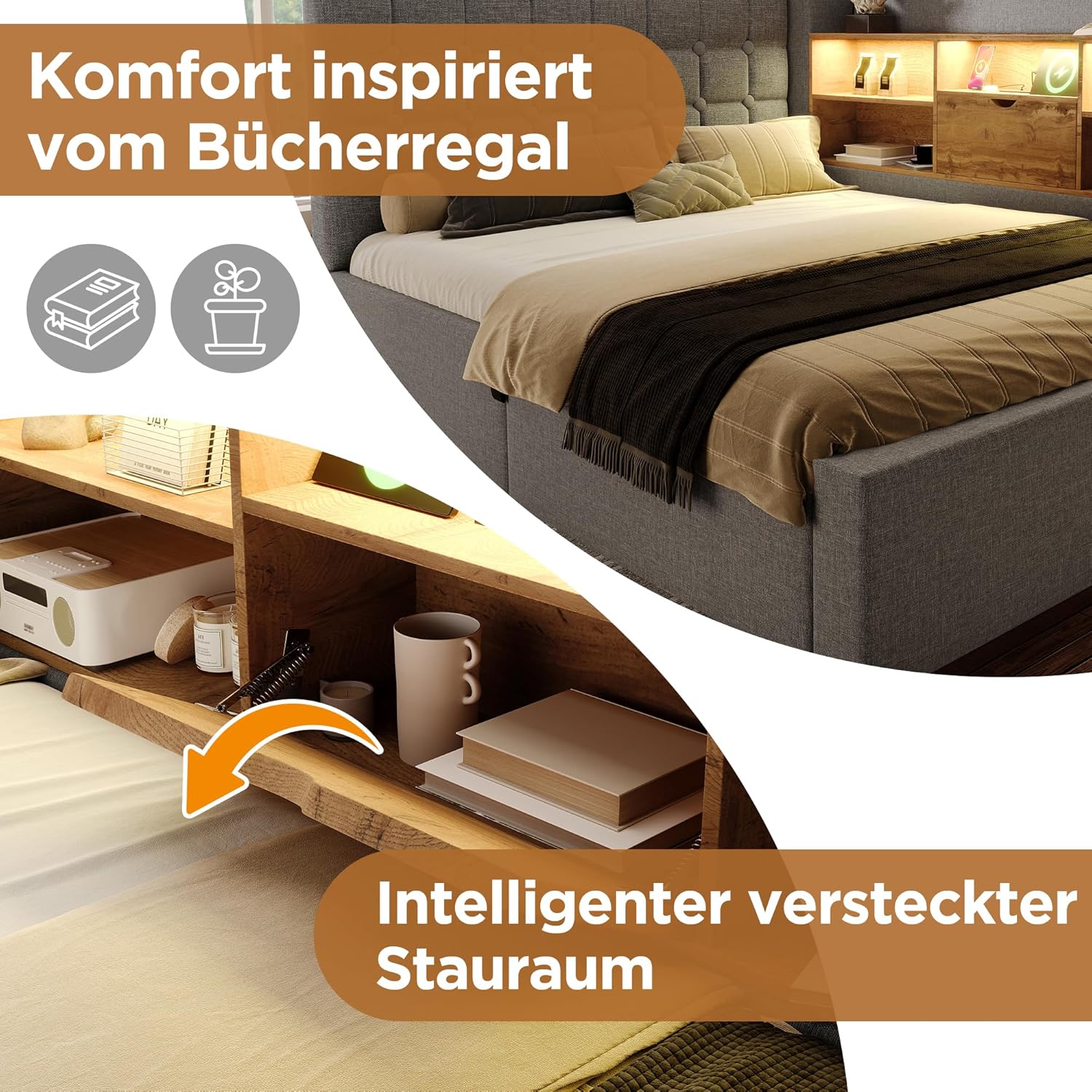Polsterbett Bett mit LED-Beleuchtung 90x200cm, Mit Ausziehbett 90x190cm, Struraumbett, L-förmigem Kopfteil mit Stauraum, beidseitig montierbar, Lattenrost, Leinen (Grau-A)