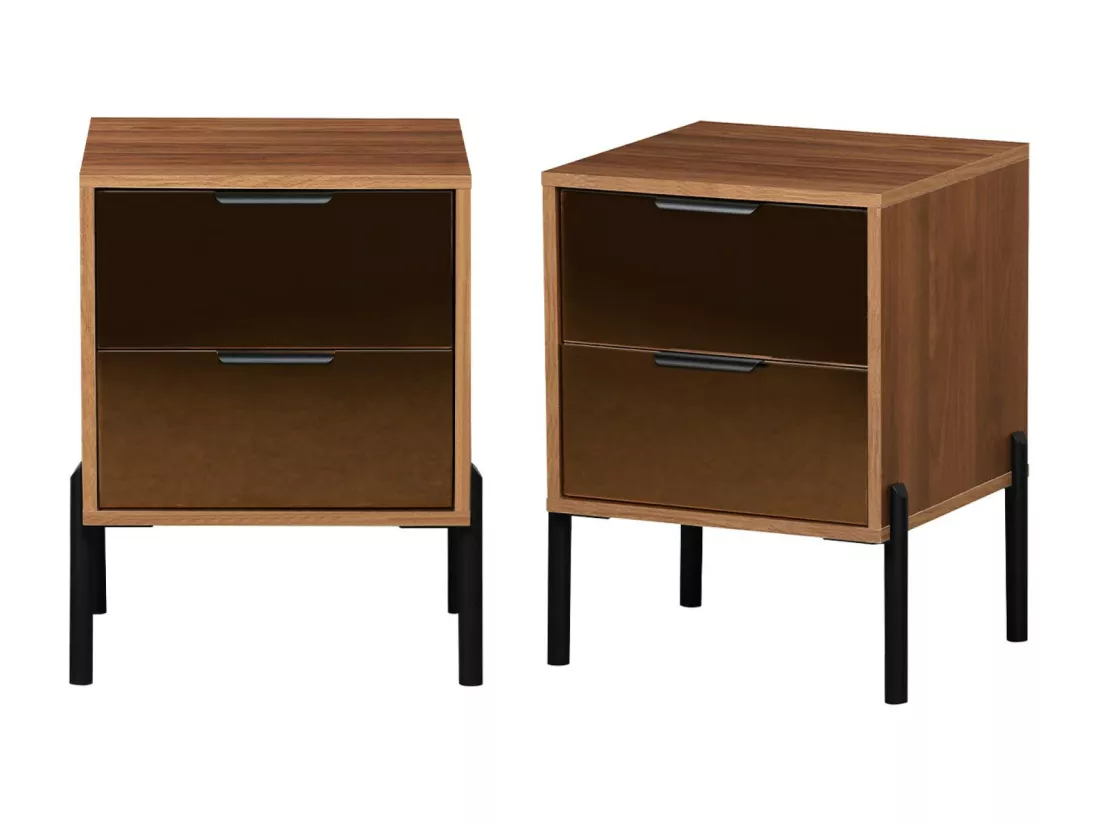 Lot de 2 tables de chevet vintage 2 tiroirs effet bois et vitres fumées. L 43 x P 38 x H 54.8cm