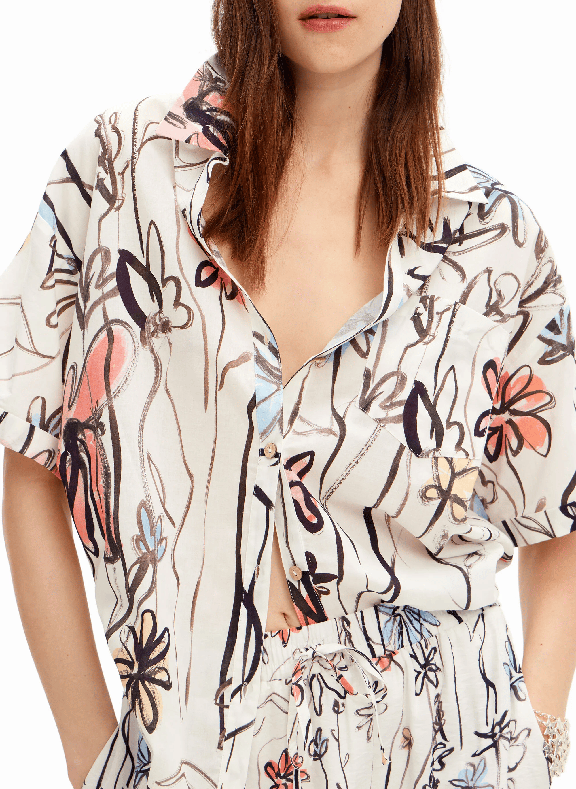 Chemise manches courtes imprimée en coton | Blanc
