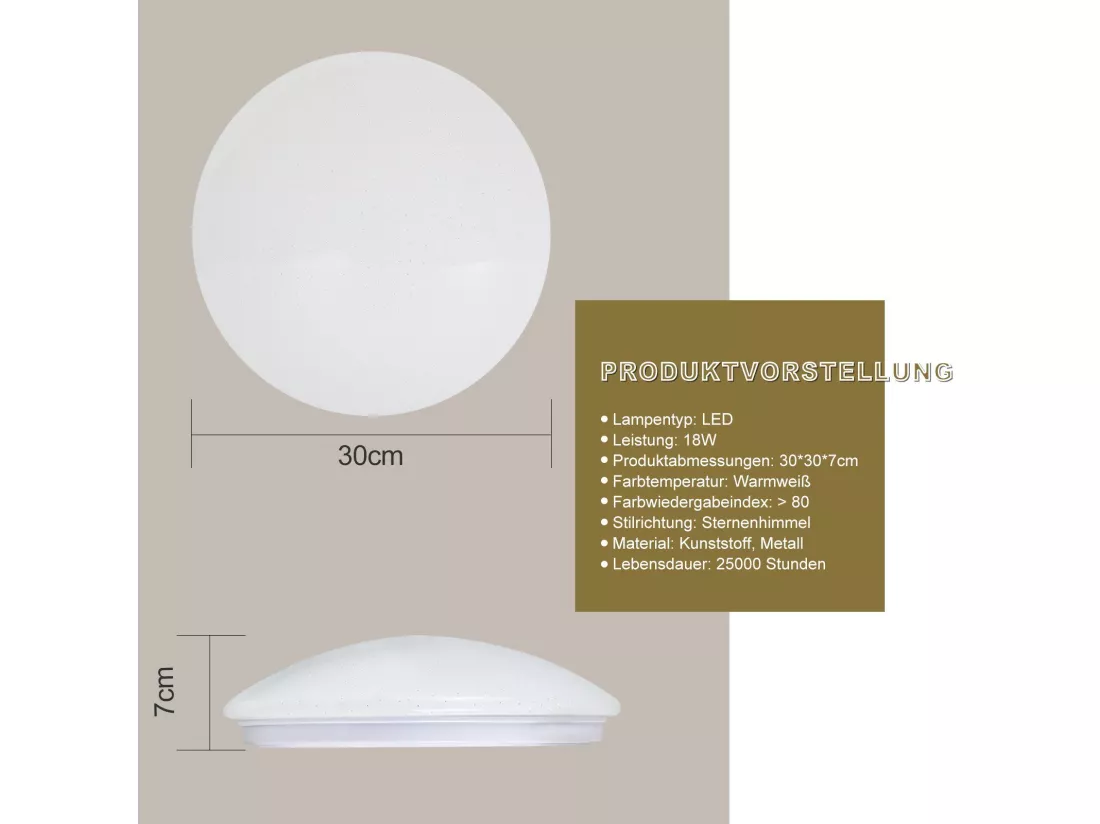 NETTLIFE Plafonnier LED 30cm, ciel étoilé de bain chaud rond 18 W lampe de IP44 pour chambre d'enfant cuisine couloir salle de bain salon