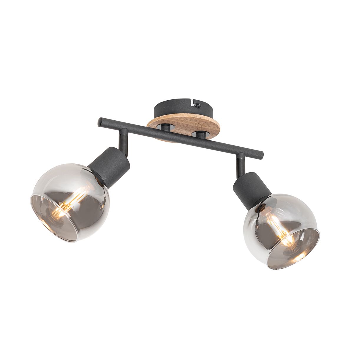 Plafondlamp zwart met smoke glas en hout 2-lichts - Vidro
