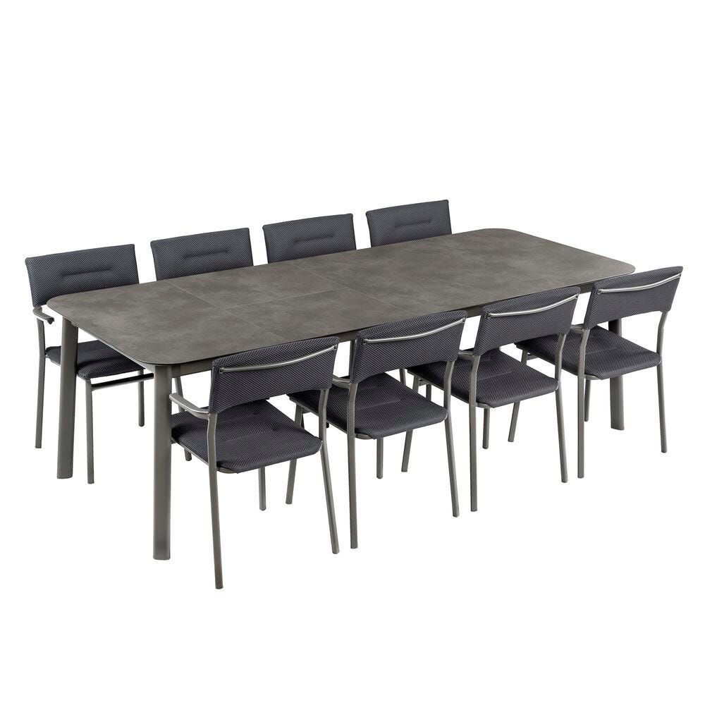 Set 1 Gartentisch 8-10 Personen ausziehbar und 8 Gartensessel Oron HPL Fusain
