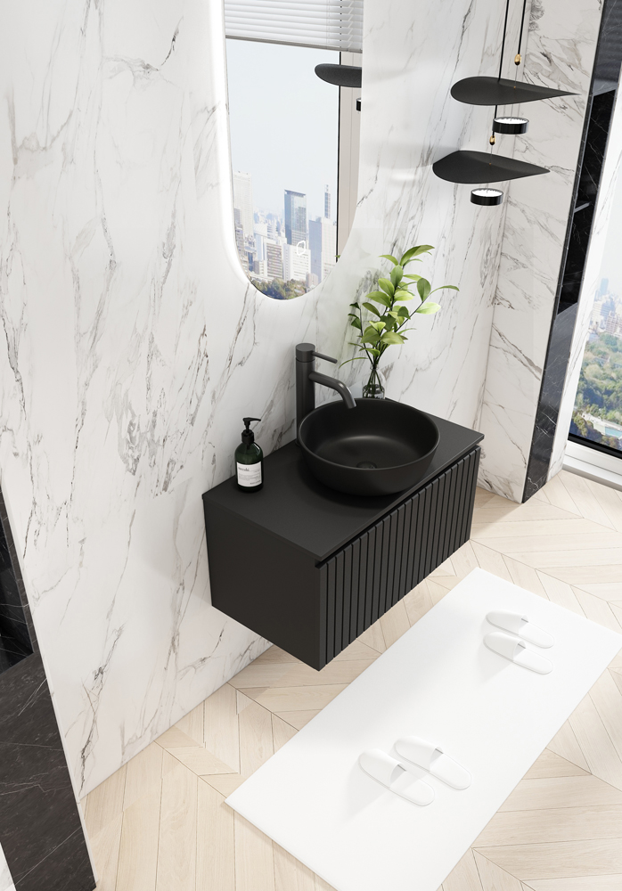 Fontana Stripe zwart badmeubel ribbelfront 80cm met zwarte waskom en ovale LED spiegel