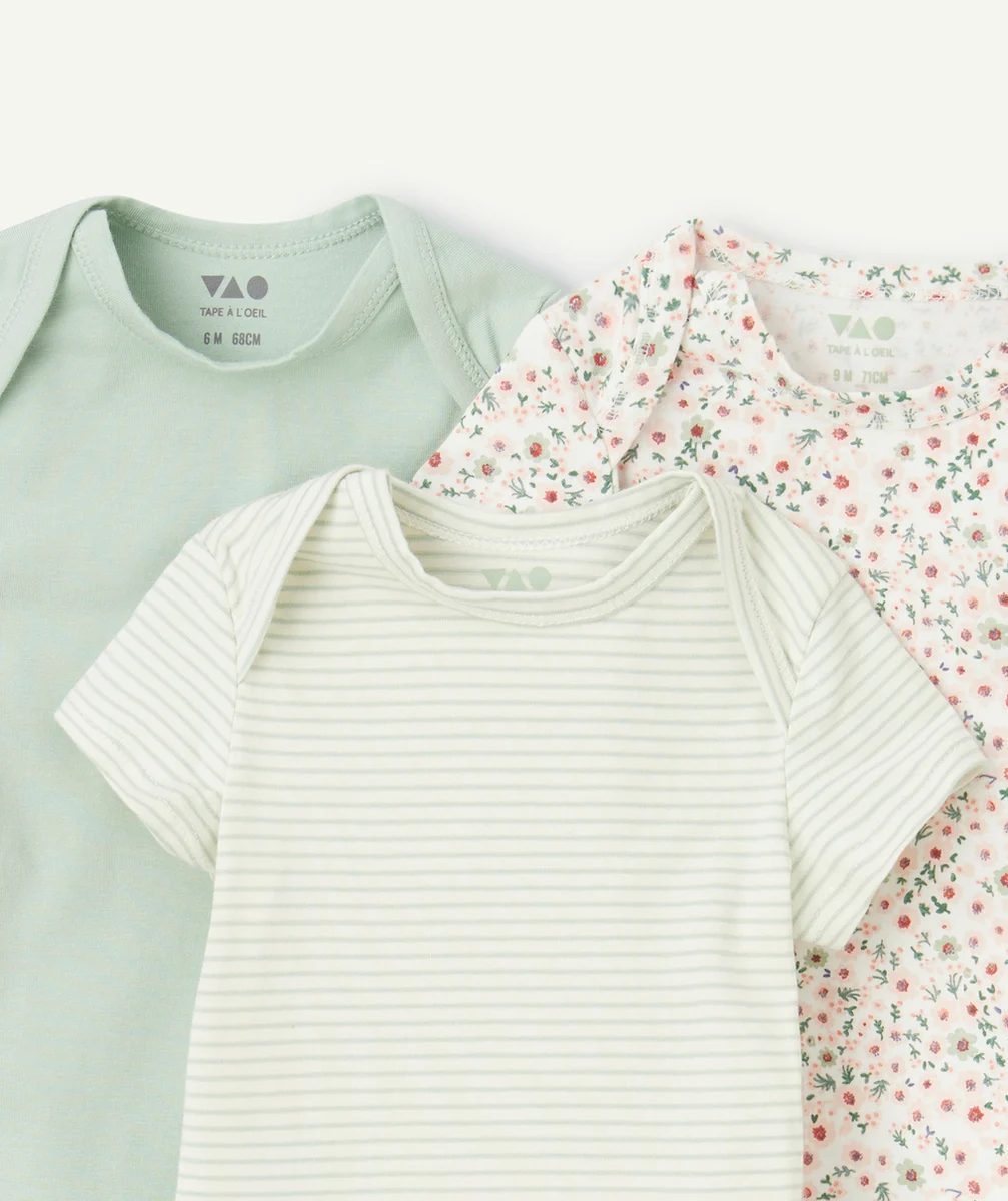 LOT DE 3 BODIES BÉBÉ EN COTON BIOLOGIQUE IMPRIMÉS RAYURES ET FLEURI
