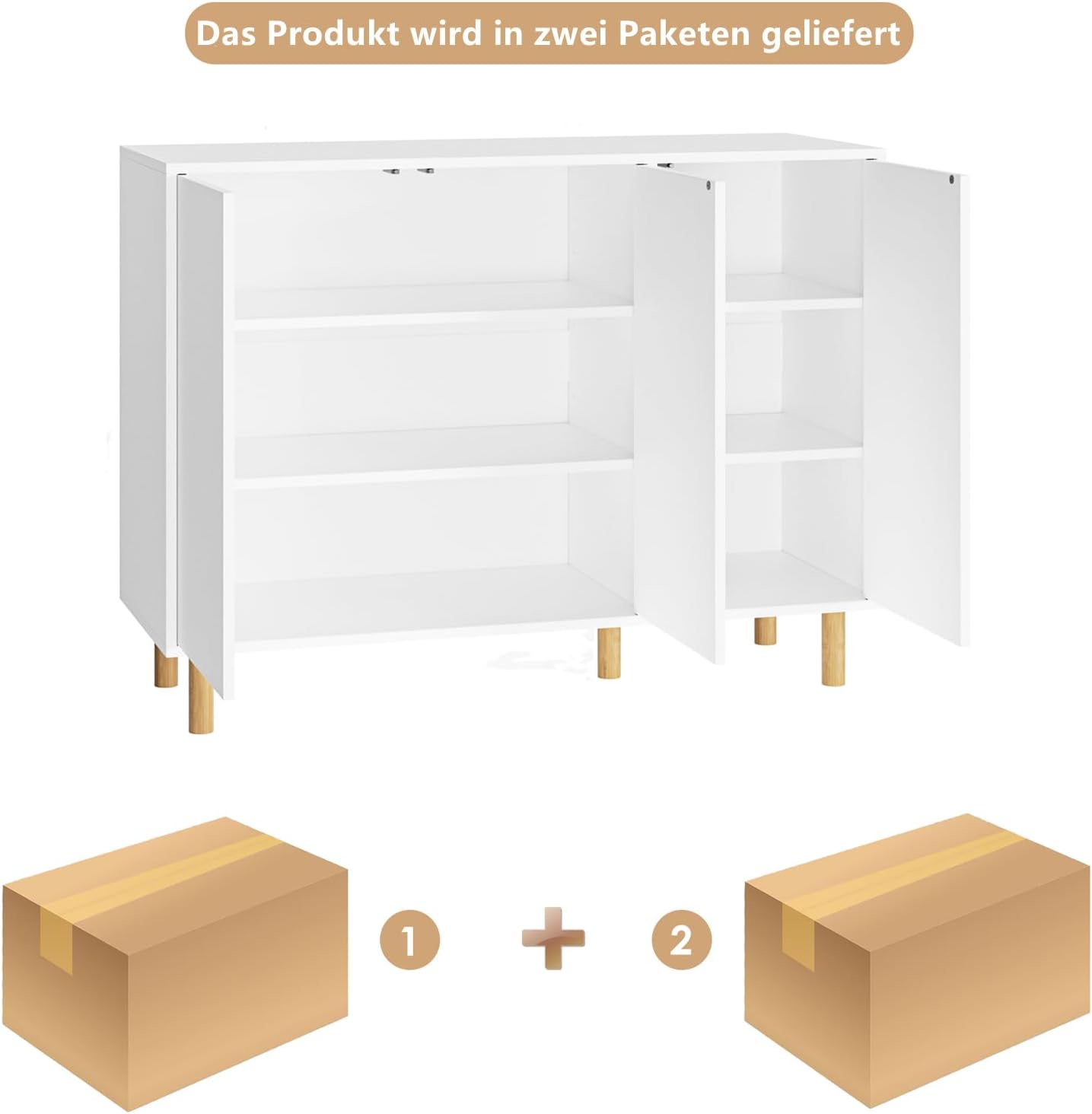 FirFurd Sideboard, Kommode weiß, Küchenschrank mit 3 Türen, griffloses Design, verstellbare Regale, 107x40x80cm(BxTxH)
