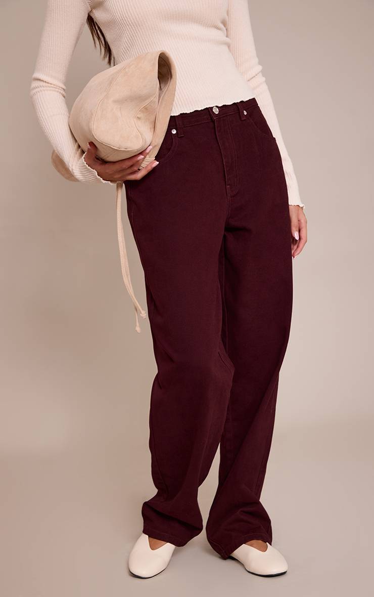 Rouge Bordeaux Prettylittlething Jean Boyfriend Taille Mi-haute
