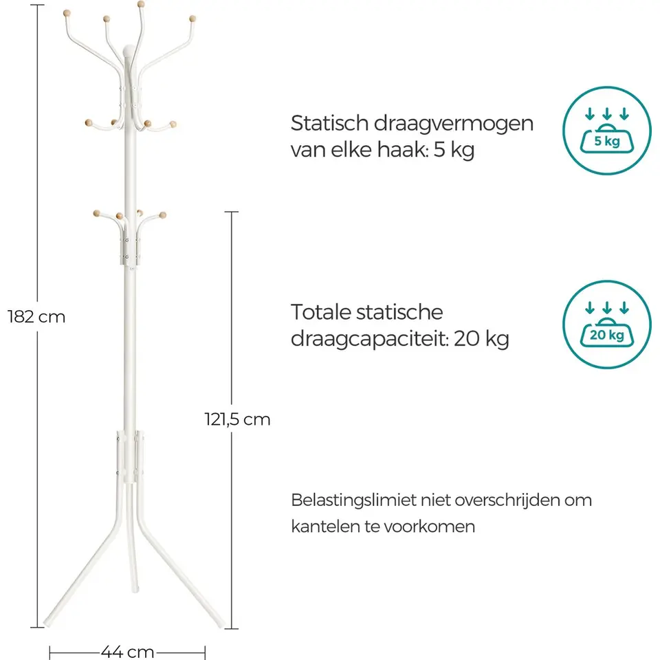Design Kapstok met 12 Haken - Perfect in een Inkom hal - 182 cm - Wit
