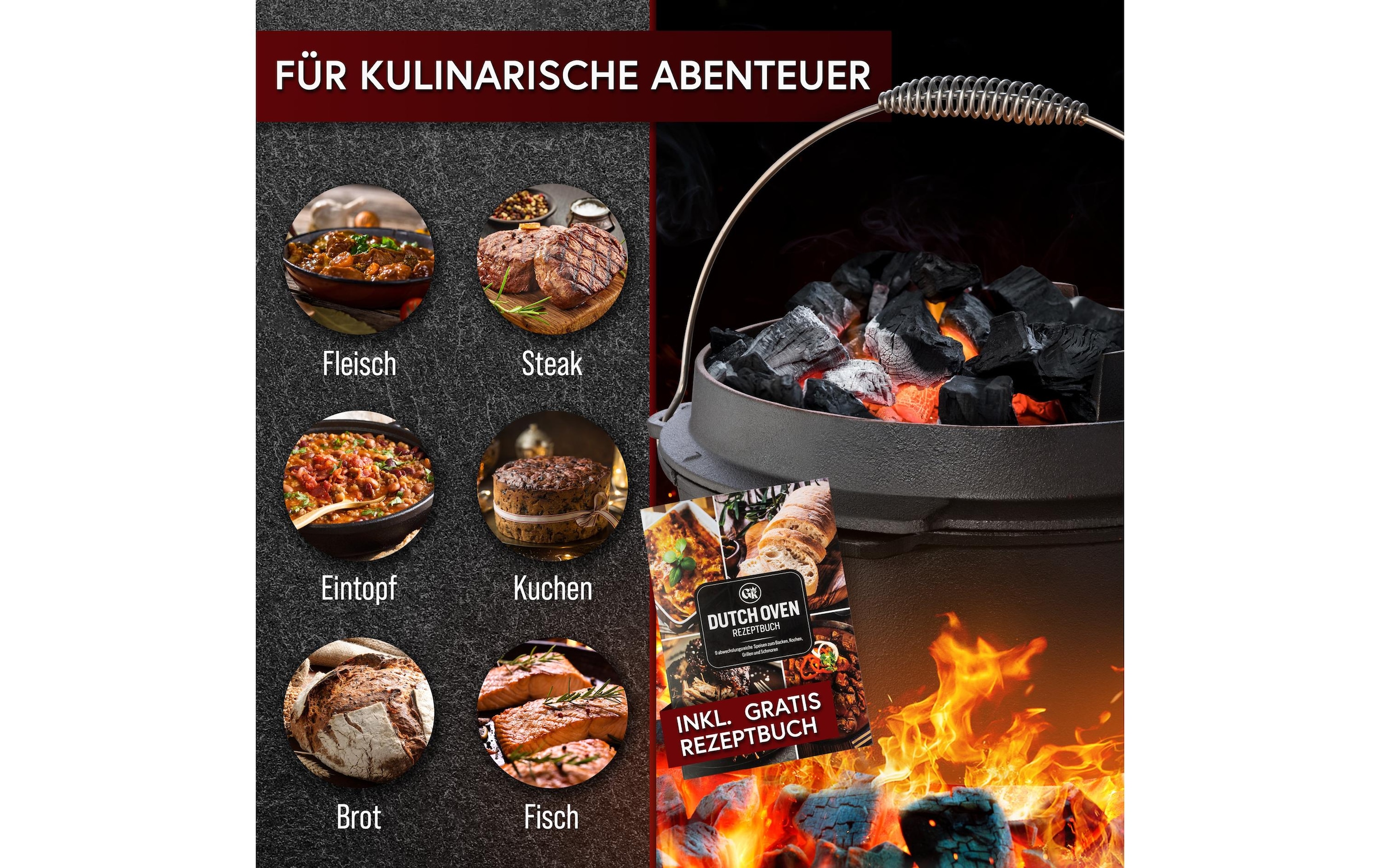 Grilltopf »Gusskoenig Dutch Oven Set 9 l mit Heber, Bürste, Untersetzer« Gusseisen