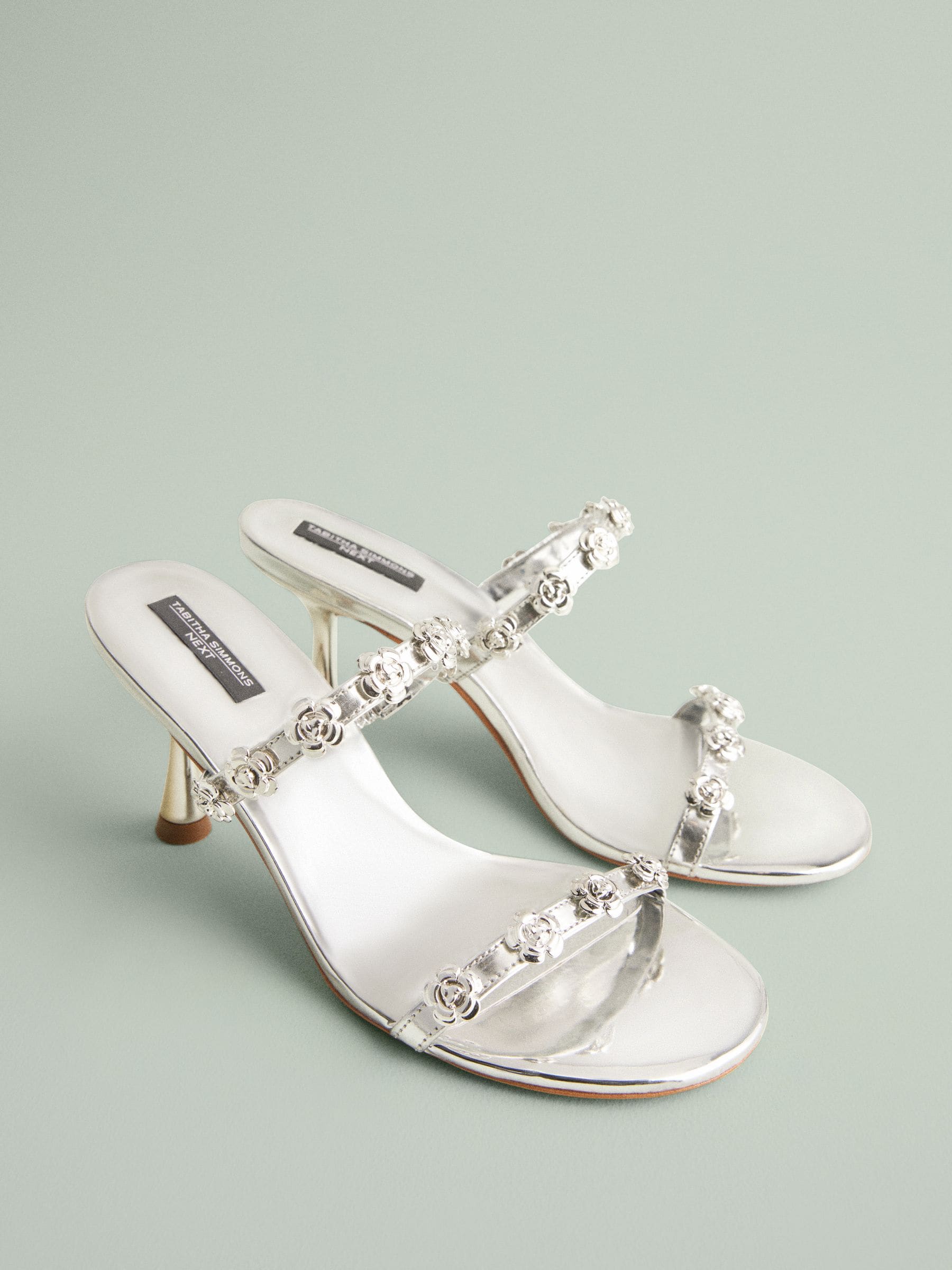 Zilver - Tabitha Simmons x Next Flora Leather Double Flower Detail Heel Mules