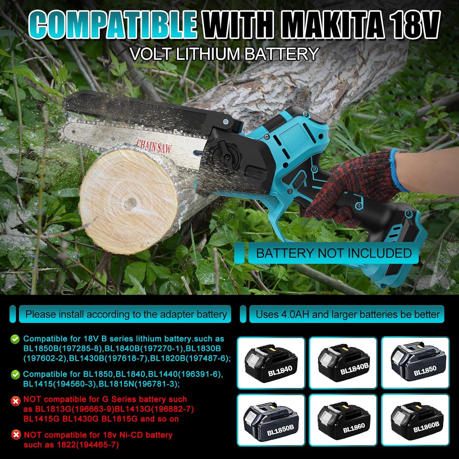 4 in 1 Akku Hochentaster 6 Zoll Mini Kettensäge baumsäge kompatibel mit Makita 18V, 45 mm Elektrische säge Gartenschere, Baumschere Astschere HandKettensäge Teleskop Astsäge (ohne Akku)