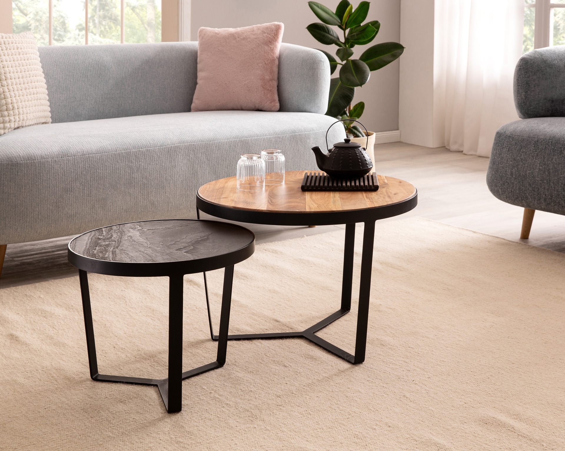 CASAVANTI Couchtisch 2er Set Akazie Massivholz / Steinoptik schwarz/braun