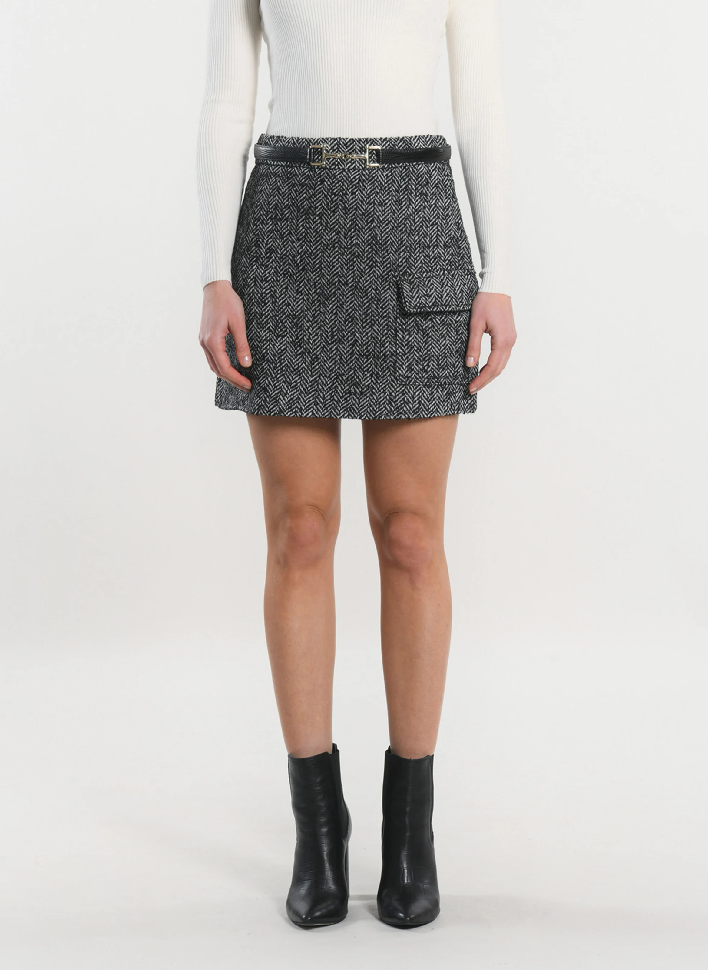 NINO - Mini jupe chinée en tweed de laine | Noir