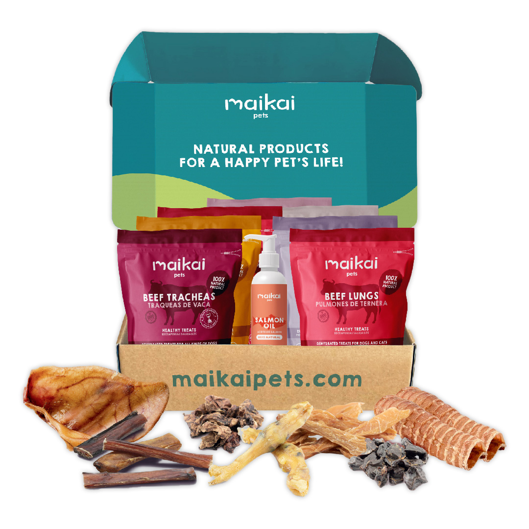 MAIKAI Pacote com 7 Petiscos para Cães + Óleo de Salmão 250 ml