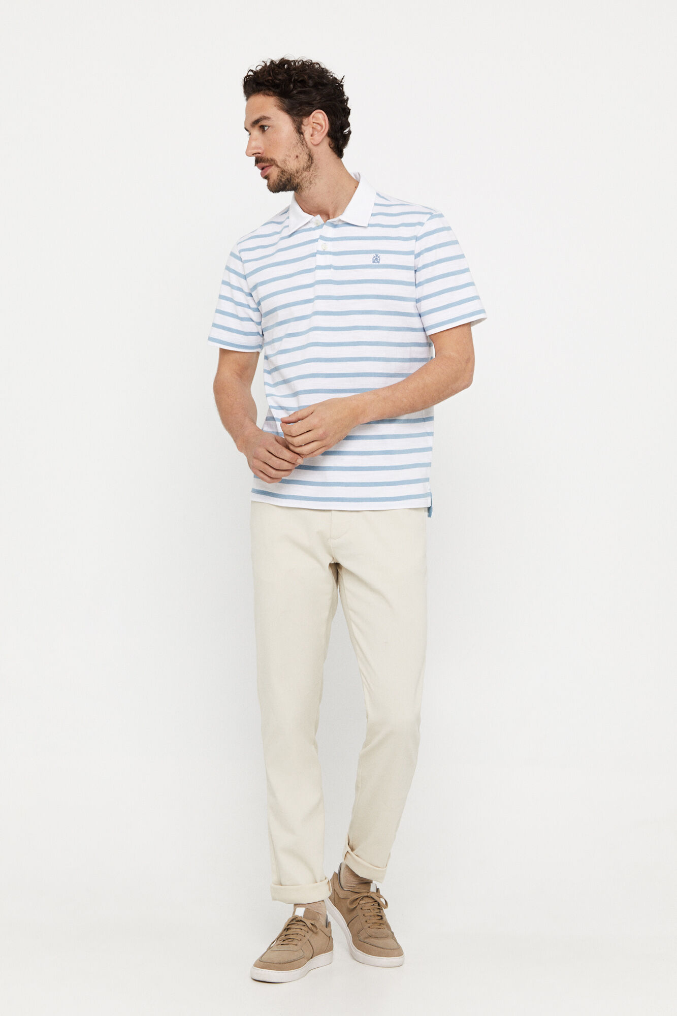 Camisa polo listrada em tecido texturizado - Azul